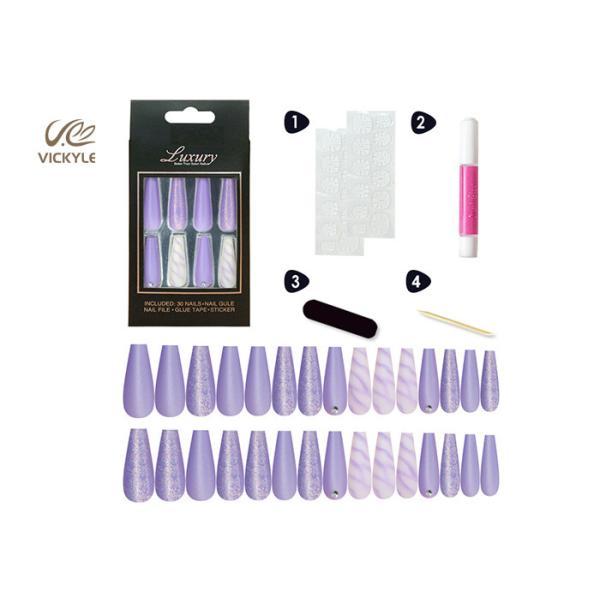 Long Coffin Ballerina OEM Purple DIY Fake Nails With Crystal Stone