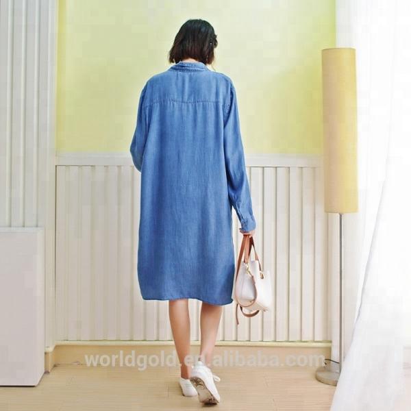 Roll Up Sleeves Women Denim Blouses And Tops , Casual Oversized Denim Dress