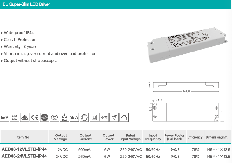 6W-100W Super Thin IP44 Led Driver For Mirror Light Cabinet