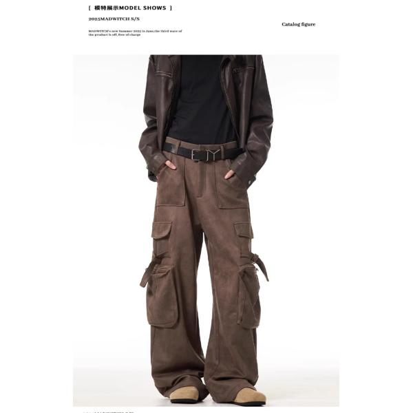 Loose Straight Leg Casual Trousers for Men Vintage Multi-Pocket Deerskin Overalls
