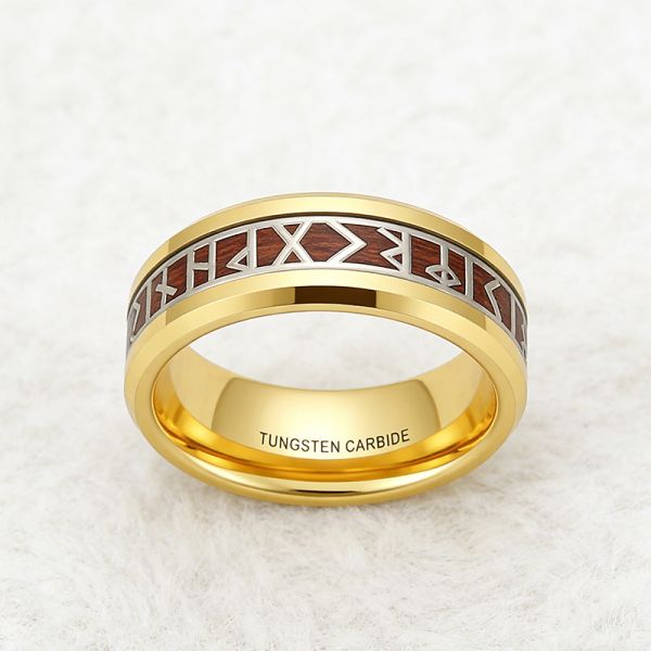 24K Gold Plated Tungsten Wedding Band with Viking Rune & Hawaii Koa Wood Inlay - Scratch & Deformation Proof