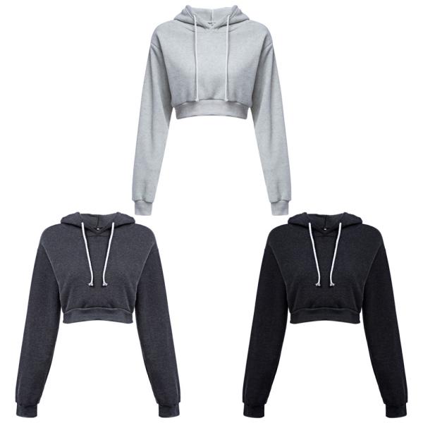 Long Sleeve Cropped Cotton Drawstring Crop Top Hoodie Pullover
