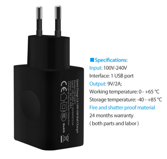 6.9V 2A  Black Power Supply Adaptors Quick Charging 3.0 USB Phone Charger