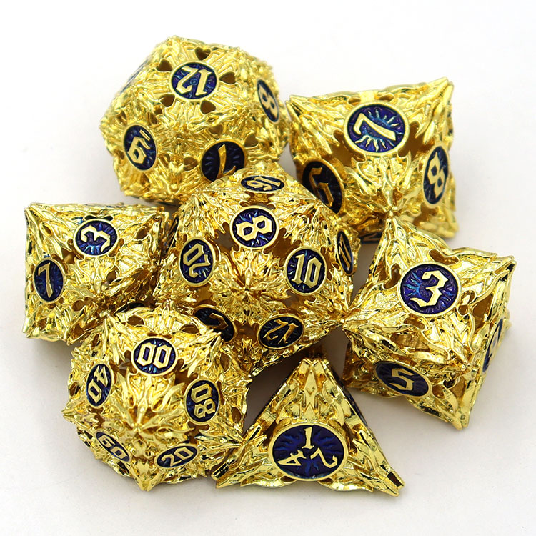 Custom Brass Hollow Dice Set with Polyhedral Design and Personalized Logo for DND Games