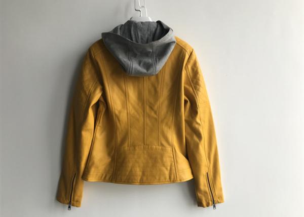 Gray Fleece Hood Ladies PU Jacket Faux Leather Biker Jacket Womens Fashion Style
