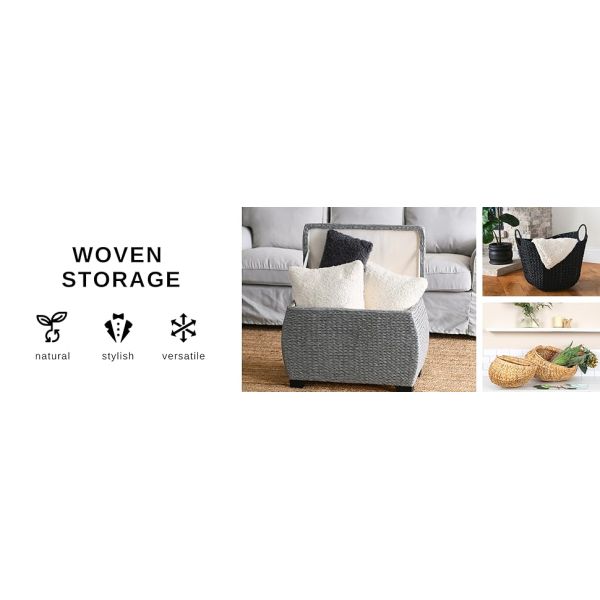 Tall Water Hyacinth Wicker Basket with Handles | Natural, Brown, Natural Bathroom Trash Can Boho Style - Wicker Trash Can With Lid For Household, Kitchen - Removable Liner, Iron Frame