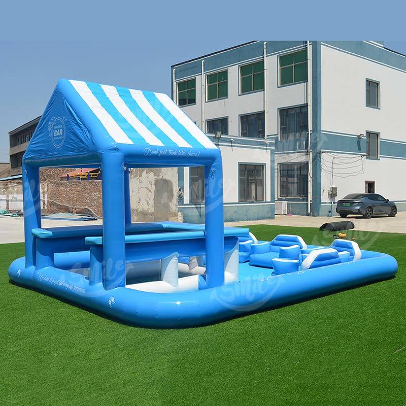 Commercial Inflatable Floating Island Water Bar With Shade Luxury Floating Dock Lounge Platform For Pool Lake Party