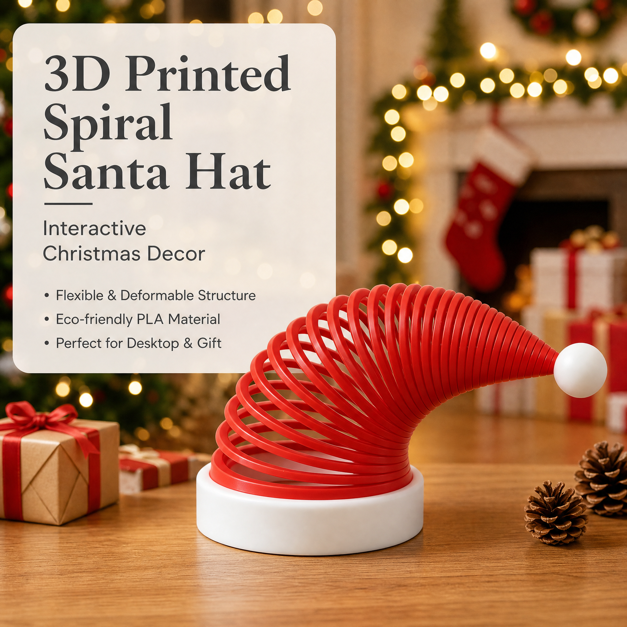 Bendable Spiral Christmas Hat Sculpture, PLA Made 3D Printed Home Decor for Holiday Party Decor