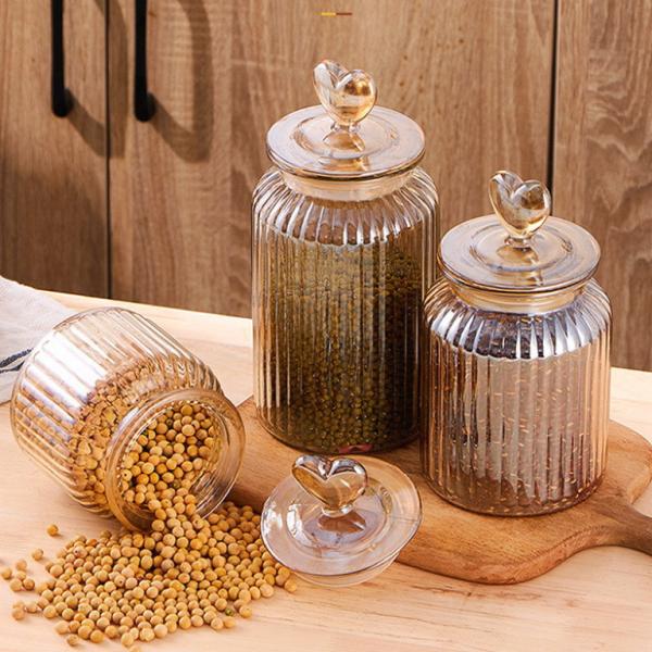 Heart shaped lid, glass jar, sealed jar, colored storage jar, household flower tea storage, candy and snack jar