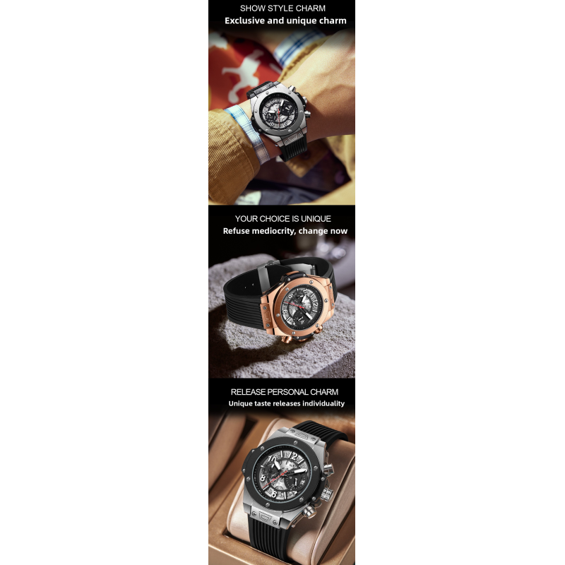 Men Luxury Skeleton Quartz Watch Rose Gold Chronograph Sport Wrist Watch Silicone Strap Business Casual Hollow Dial Watch