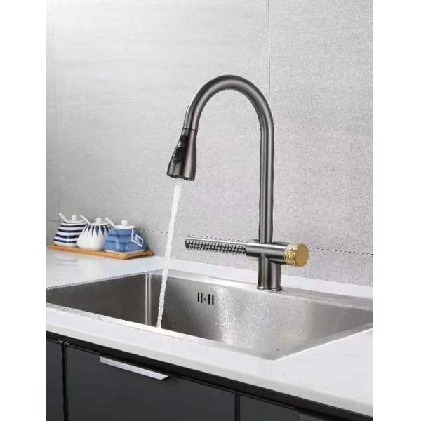 Deck Mounted Pull Out Kitchen Faucet with Spring and Brushed Stainless Steel Finish