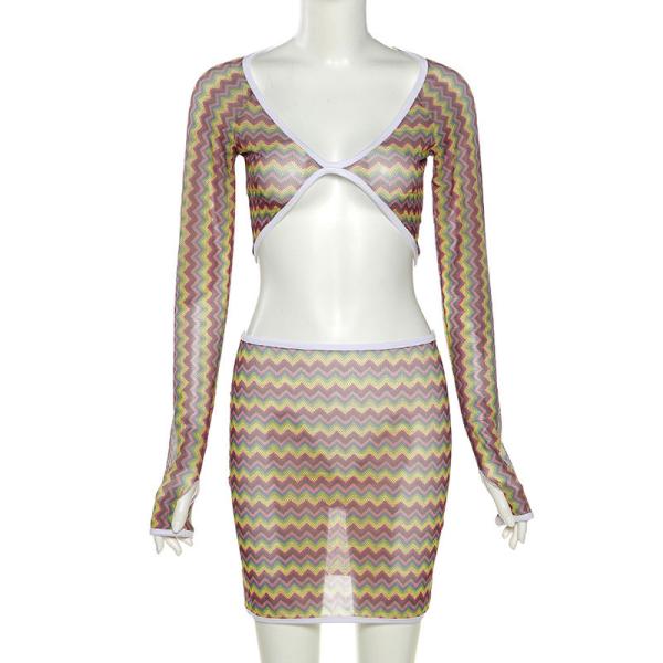 Polyester Two Piece Casual Set See Through Mesh Printed T Shirt High Waist Bag Hip Skirt