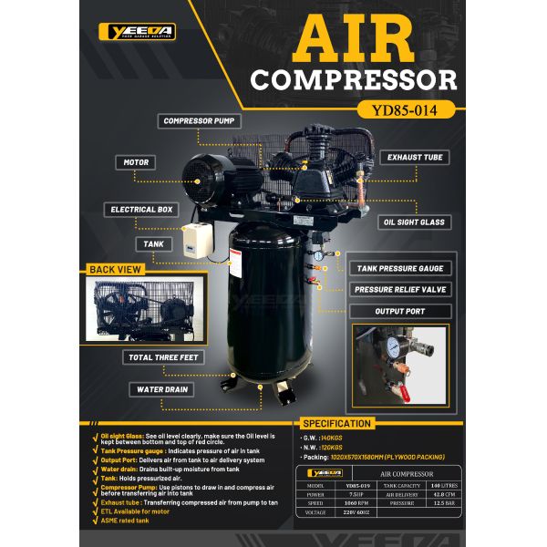 Workshop 7.5HP Air Compressor, 140L Tank, Powerful