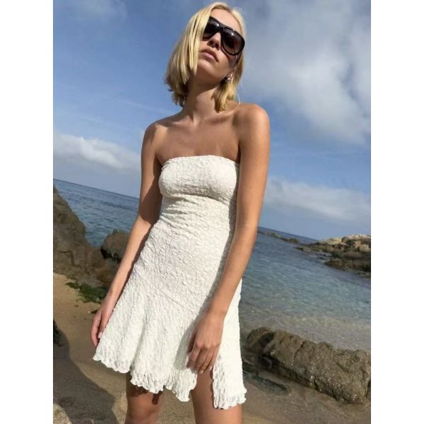 Glamorous Strapless Mesh Bodycon Mini Dress - Lace Trim for Date Nights & Beach Days (Black / White)
