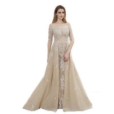 Boat Neck See Through Prom Party Dress / Big Net Ladies Evening Ball Gown Dresses