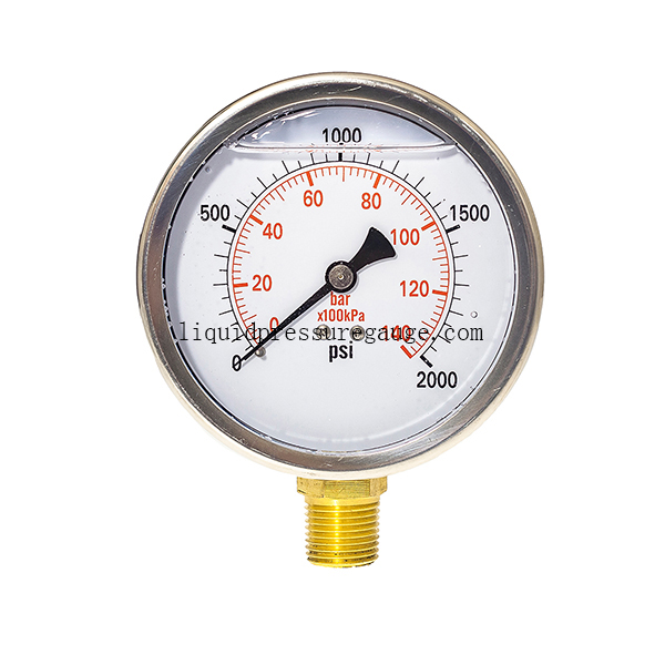 4 inch Liquid filled Pressure Gauge,0-2000 psi/bar/kpa ,lower mount, 1/2 NPT, stainless steel case and brass internal