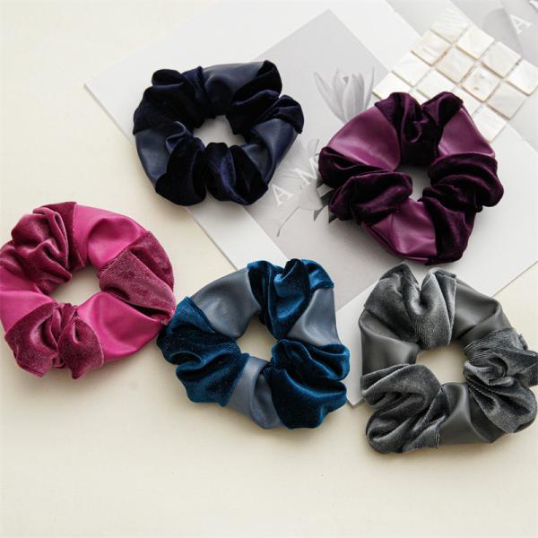 Autumn winter pu canary pleuche joint pink black scrunchie color fabric large hair band lady hair band spot accessories
