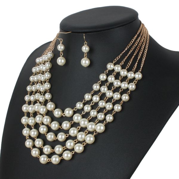 Fashion Simple Women Necklace Earrings Pearl Jewelry Set