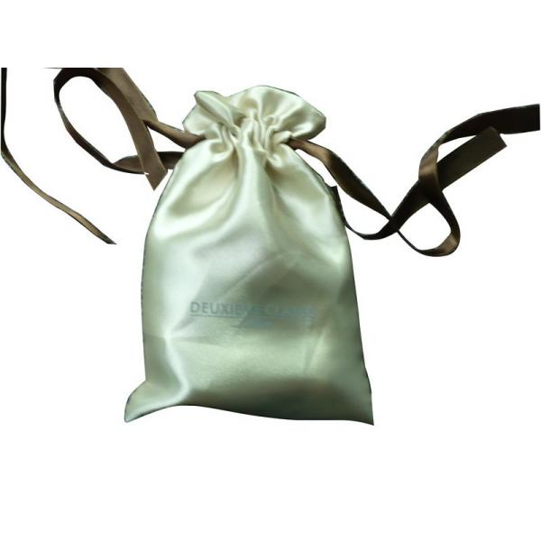 Deux Beige Shing Satin Ribbon Drawstrings Bag, Fabric Carrier Bags 2 Side Printing