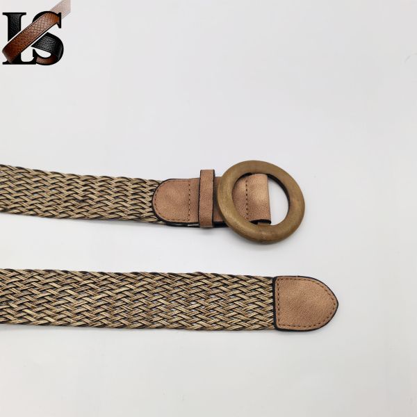 Fashion Bohemian Style Wholesale Stretch PP Straw Woven Round Rattan Wooden Buckle Belt