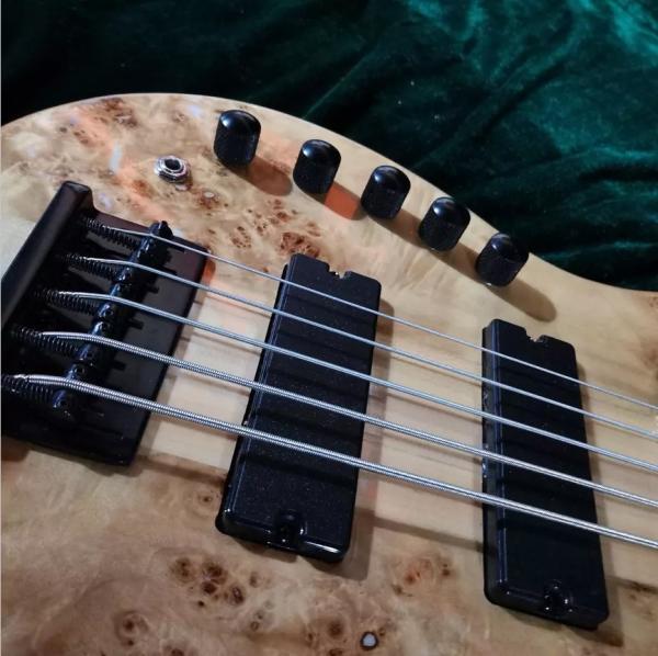 Custom Natural Burl Color One Piece Neck Through 5-Strings Left Handed Electric Bass Guitar