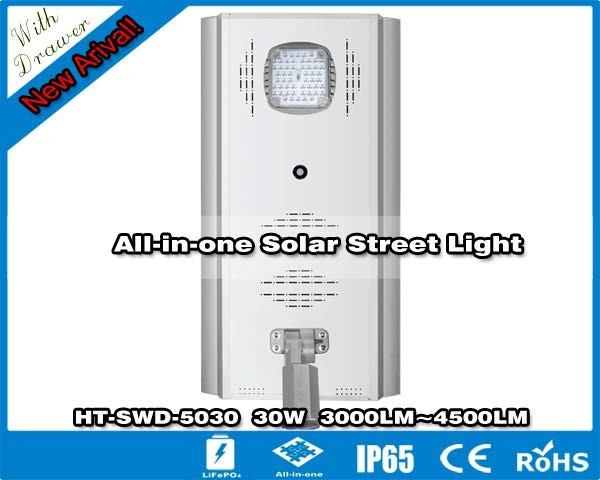 Hitechled 30w All-in-one Solar Street Light with drawer, Lámpara LED solar de