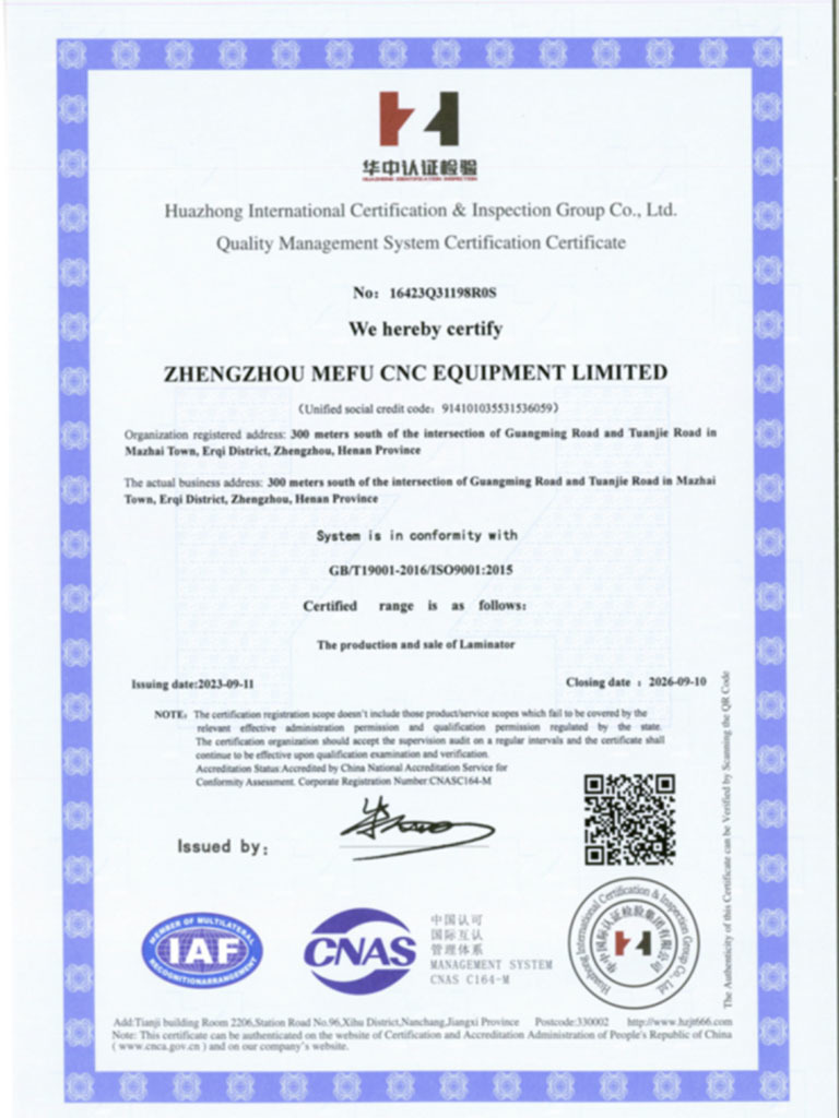 ZHENGZHOU MEFU CNC EQUIPMENT LIMITED Certificaciones