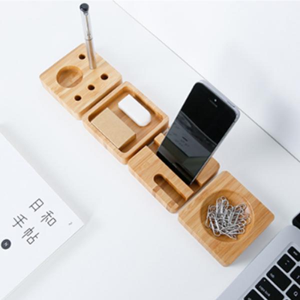 Sustainable Bamboo Desk Organizer Set With Smartphone Stand Pens And Paper Clips Holder