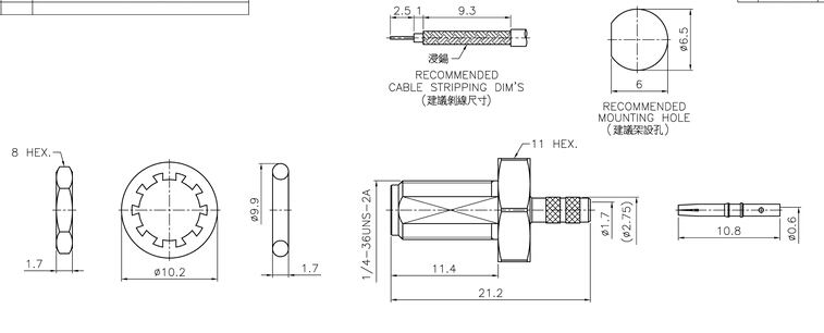 Коаксиловый разъем женской перегородки 50 омов для кабеля 1.13mm/1.32mm/1.37mm