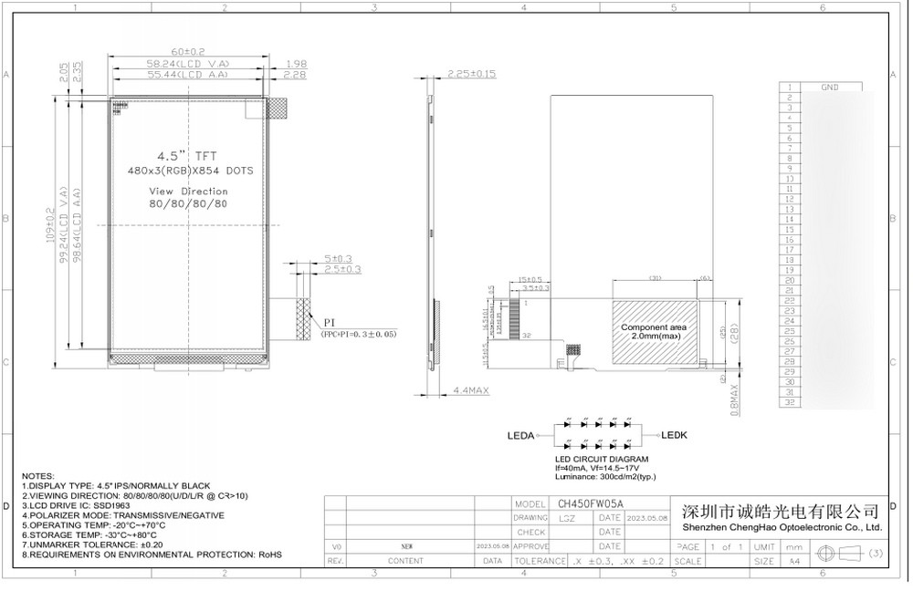 480*854 ставит точки экран дюйма TFT LCD модуля 32pin FPC 4,5 IPS LCD