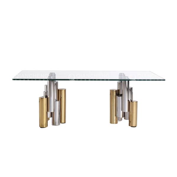 Mesa de jantar superior de vidro moderada 12mm grossa moderna com base de aço inoxidável