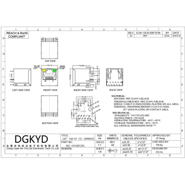 KRJ-1812QYGZNL Gigabit Magnetic modular Rj45 Lan Jack , 1000Mb Metal rj45 shielded connector