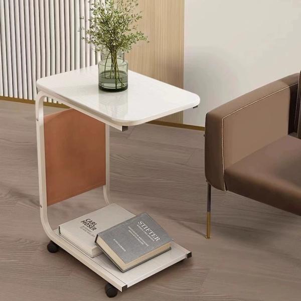 Space-Saving Living Room Furniture Corner Coffee Bedside Table with Wheels C Shape 2 Tiers End Rolling Storage Rack Shelf