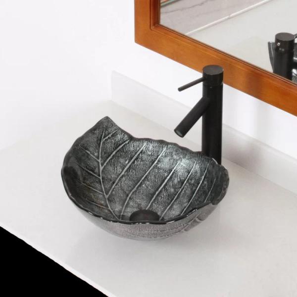 Leaf Shaped Large Oval Vessel Sink Tempered Glass Gray Countertop