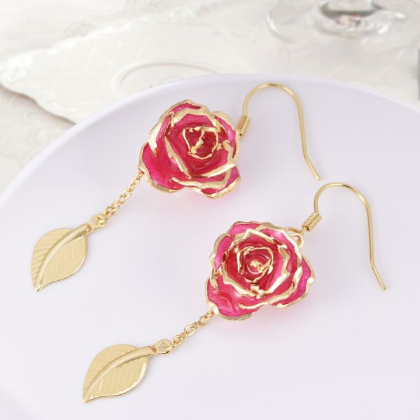 Rose Earrings 24k Gold Dipped Roses Gifts Valentine Day Holiday Everlasting Flowers