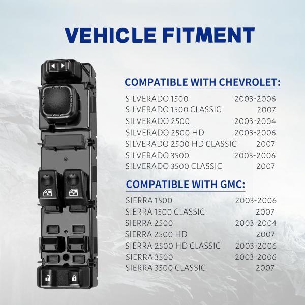 Power Master Window Switch Driver Side Compatível com veículos Chevy, GMC, 2003-2007 Chevrolet Chevy Silverado15883318