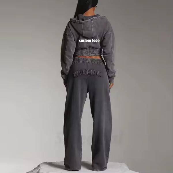 Custom Women Sweatsuit Acid Wash Zip Applique Distressed Embroidery Patch Cropped Hoodie and Sweatpants