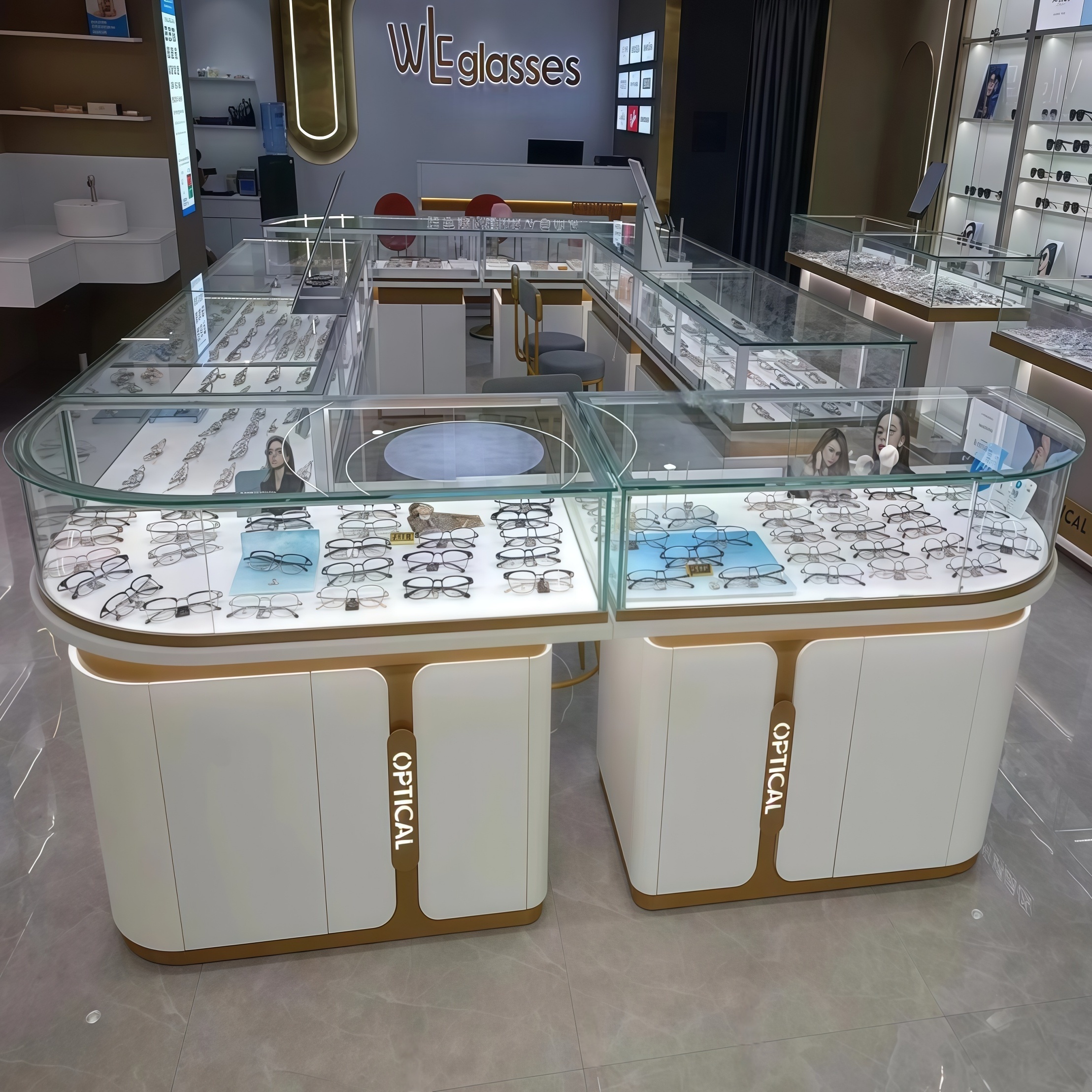 Optical Shop Sunglasses Display Cabinet LED Lit Eco-Friendly Heavy Duty Glass Shelf Retail Fixture Factory BaiXing Brand Direct