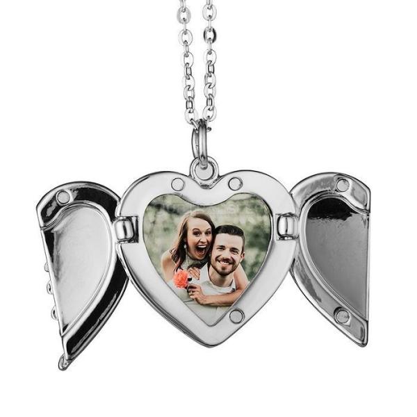 Custom Sublimation Angel Wings Heart Locket Pendant Necklace Personalized Locket Necklace
