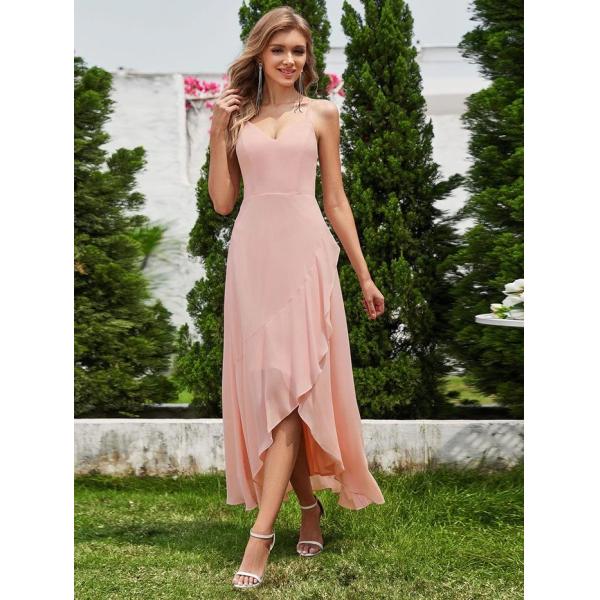 Beautiful Sleeveless V-neck Spaghetti Strap A-line Dusty Navy Chiffon Prom Dress With Lotus Leaf