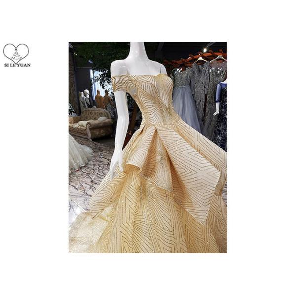 Special Gold Sequin Prom Dress Off Shoulder Short Sleeve Back Bandage Puffy Tail