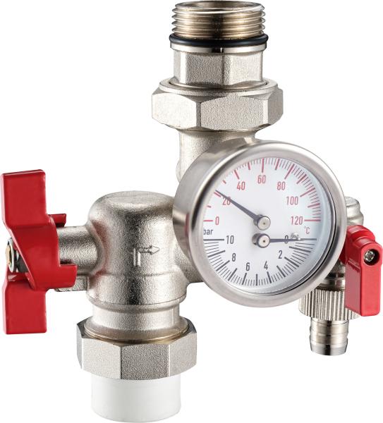 3602 Brass Ball Valve DN20 Flexible Male Nipple G1 x PP-R 25 connections Combined w/ Meter Outlet and Brass Drain Valve