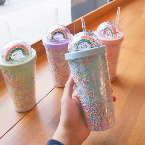 Creative Ice Cream Double Wall 550ml Plastic Cups With Straw Customized Color For Unisex