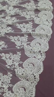 140cm Sequin Beaded Ivory Lace Fabric , White Embroidered Bridal Wedding Lace