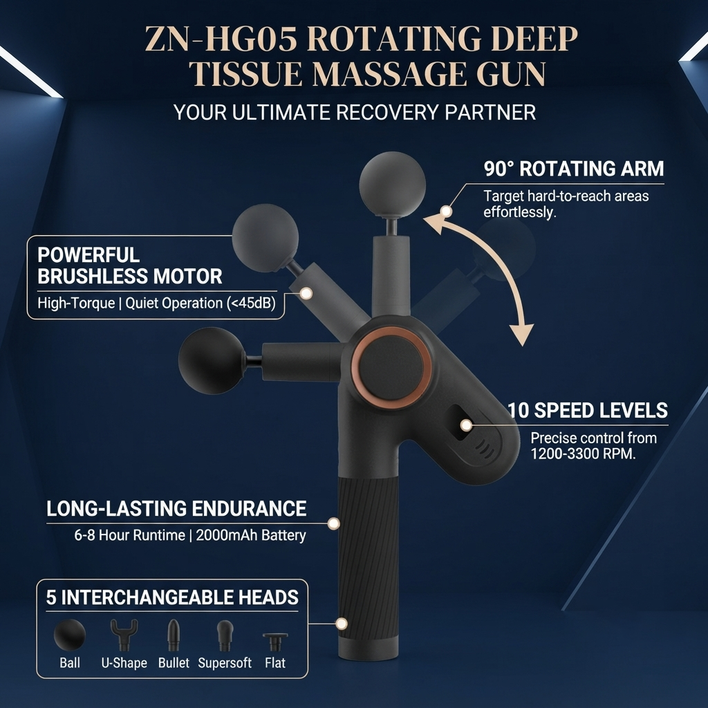 ZN-HG05 Rotating Arm Deep Tissue Percussion Massage Gun with 10 Speeds and 5 Interchangeable Heads
