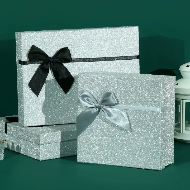 Glitter Rigid Gift Box Lid and Base Packaging With Satin Bow Ribbon