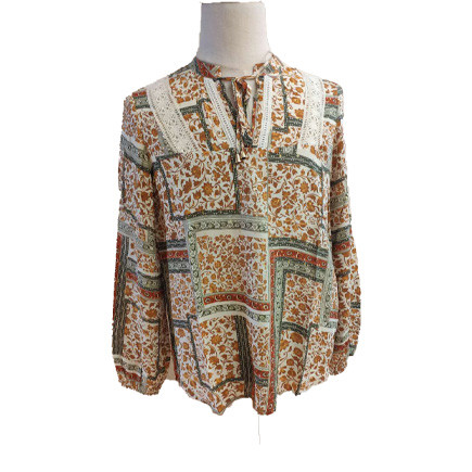 Зашнуруйте вверх пряжу шеи покрасил блузку печати цепи вискозы 98%