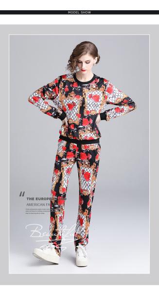 women print round-neck long-sleeve printed blouse + fashion casual suit
