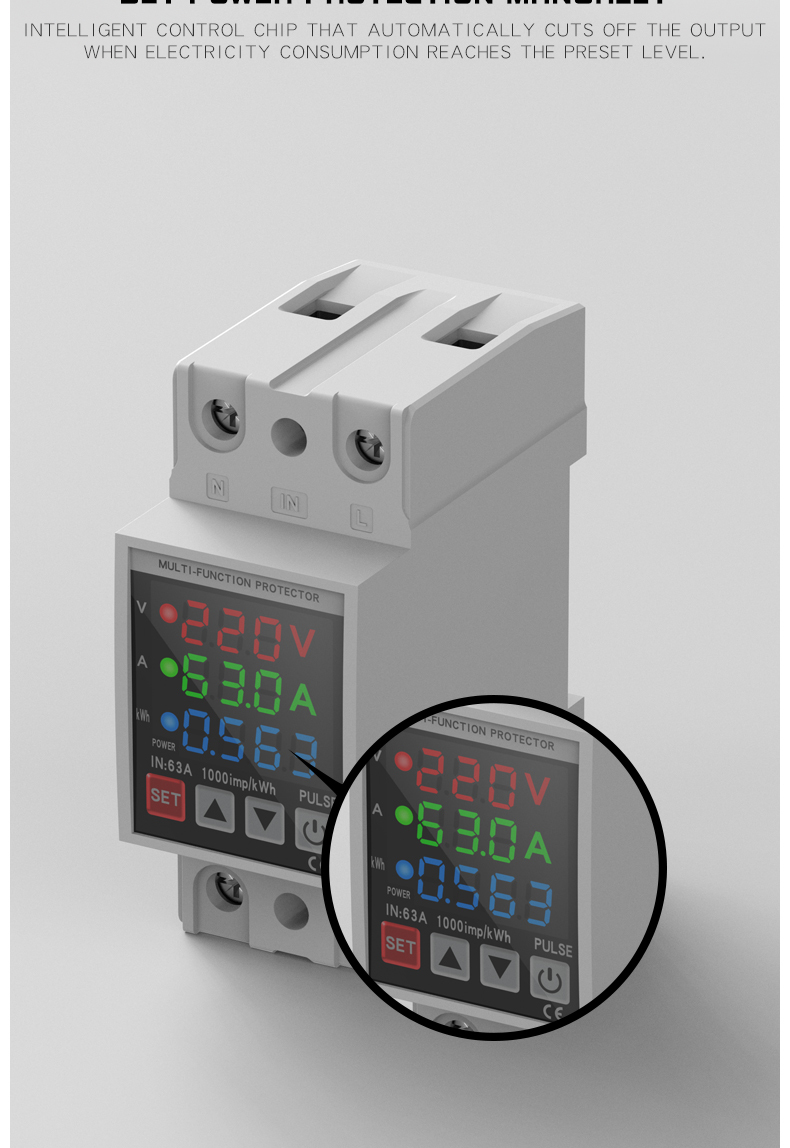 Rail-mounted digital display rocker switch self-reset over/under voltage protector 40A 63A for home use, delay 220V