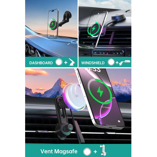 Cargador inalámbrico para coche con textura de cristal, ventilador de refrigeración y luz de cielo estrellado para soporte de cargador de iPhone